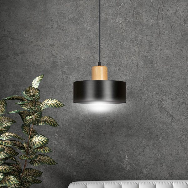 Sospensione Nordica 1 Luce Ravi In Acciaio Nero E Legno