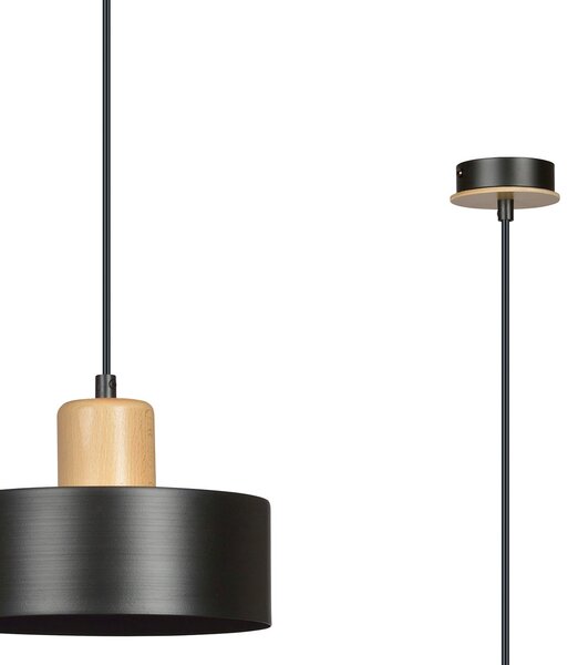 Sospensione Nordica 1 Luce Ravi In Acciaio Nero E Legno