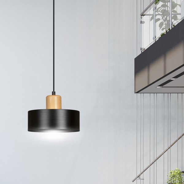 Sospensione Nordica 1 Luce Ravi In Acciaio Nero E Legno