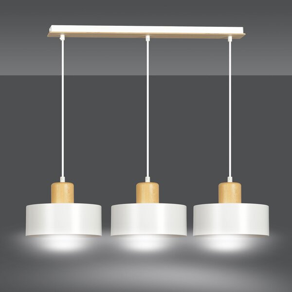 Sospensione Nordica 3 Luci Ravi In Acciaio Bianco E Legno