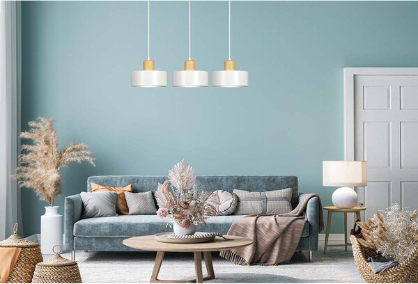 Sospensione Nordica 3 Luci Ravi In Acciaio Bianco E Legno