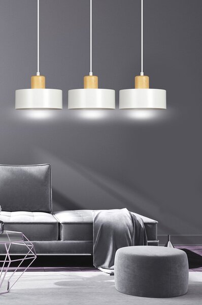 Sospensione Nordica 3 Luci Ravi In Acciaio Bianco E Legno