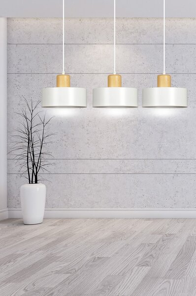 Sospensione Nordica 3 Luci Ravi In Acciaio Bianco E Legno