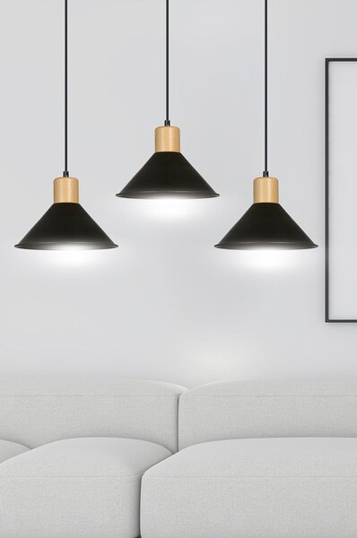 Sospensione Nordica 3 Luci Soma In Acciaio Nero E Legno