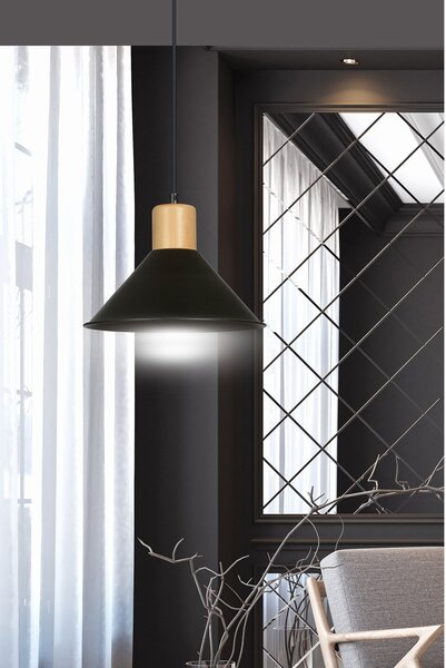 Sospensione Nordica 1 Luce Soma In Acciaio Nero E Legno