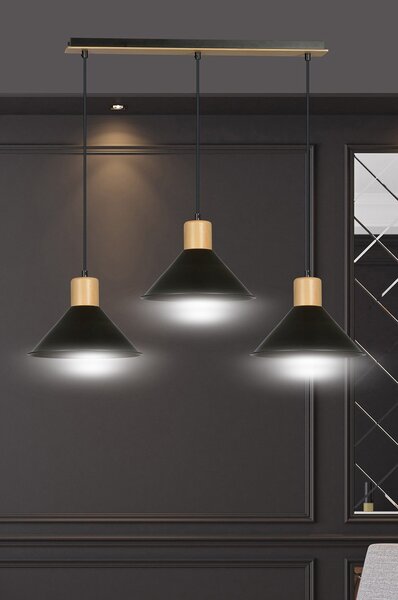 Sospensione Nordica 3 Luci Soma In Acciaio Nero E Legno