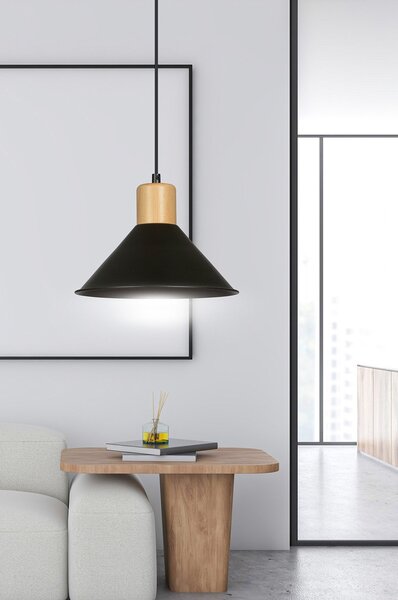 Sospensione Nordica 1 Luce Soma In Acciaio Nero E Legno