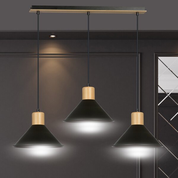 Sospensione Nordica 3 Luci Soma In Acciaio Nero E Legno