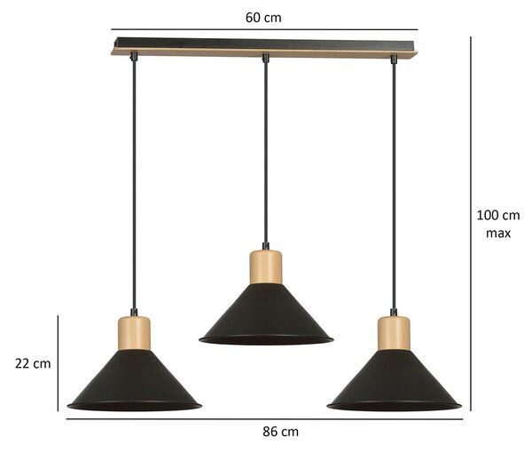 Sospensione Nordica 3 Luci Soma In Acciaio Nero E Legno