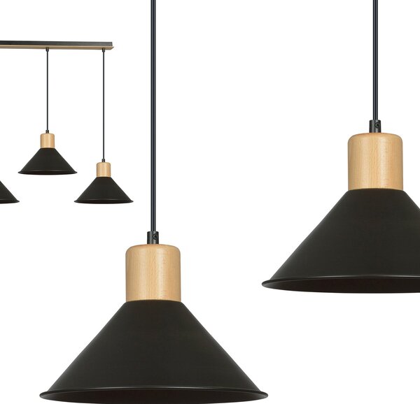 Sospensione Nordica 3 Luci Soma In Acciaio Nero E Legno