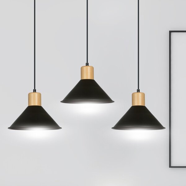 Sospensione Nordica 3 Luci Soma In Acciaio Nero E Legno