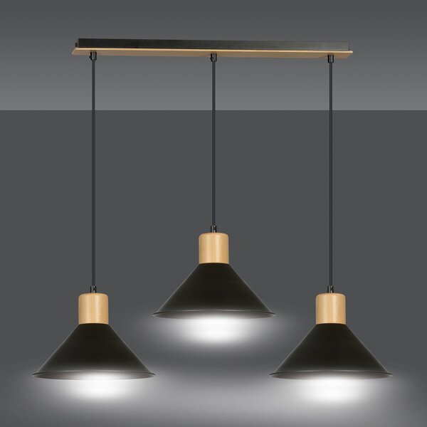 Sospensione Nordica 3 Luci Soma In Acciaio Nero E Legno