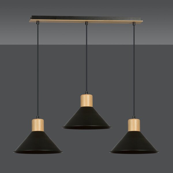 Sospensione Nordica 3 Luci Soma In Acciaio Nero E Legno