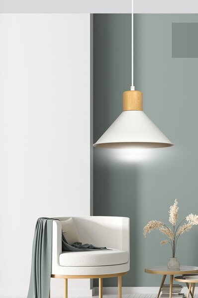 Sospensione Nordica 1 Luce Soma In Acciaio Bianco E Legno