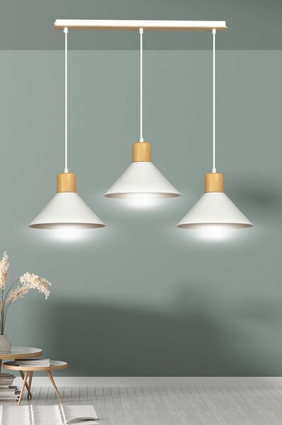 Sospensione Nordica 3 Luci Soma In Acciaio Bianco E Legno