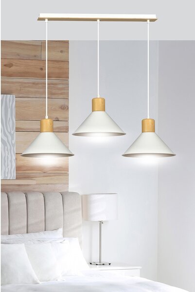 Sospensione Nordica 3 Luci Soma In Acciaio Bianco E Legno