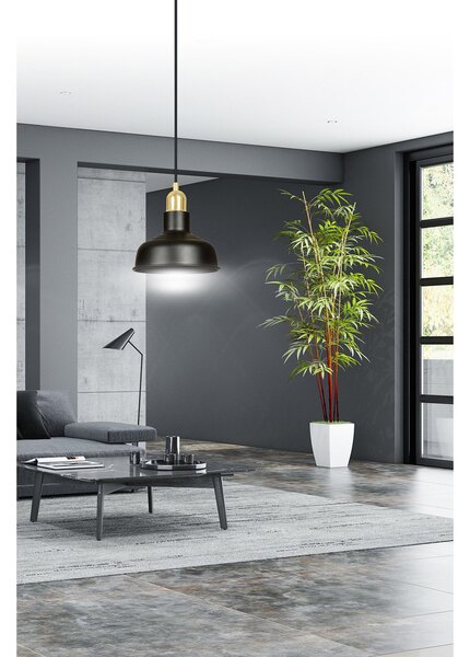 Sospensione Industrial 1 Luce Dhanapati Acciaio Nero Con Elementi In Oro