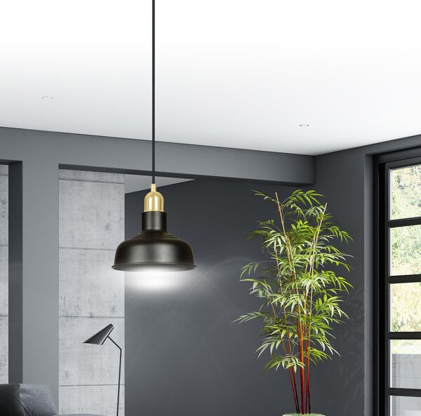 Sospensione Industrial 1 Luce Dhanapati Acciaio Nero Con Elementi In Oro