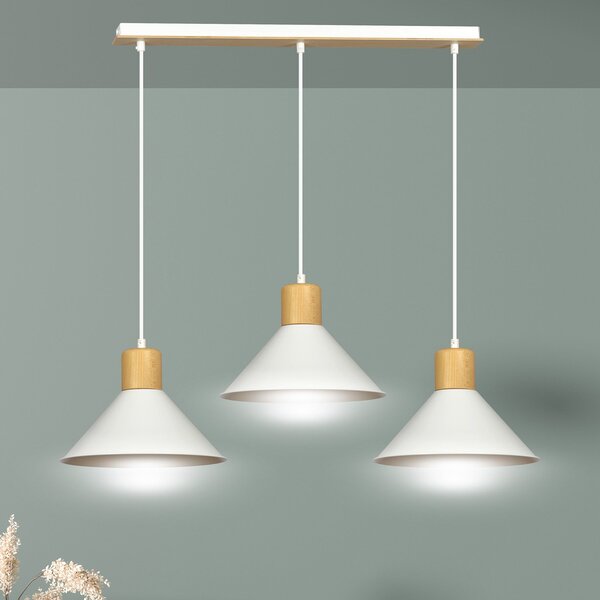 Sospensione Nordica 3 Luci Soma In Acciaio Bianco E Legno