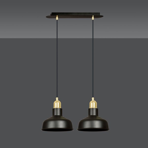 Lampadario Industrial 2 Luci Dhanapati Acciaio Nero Con Elementi In Oro