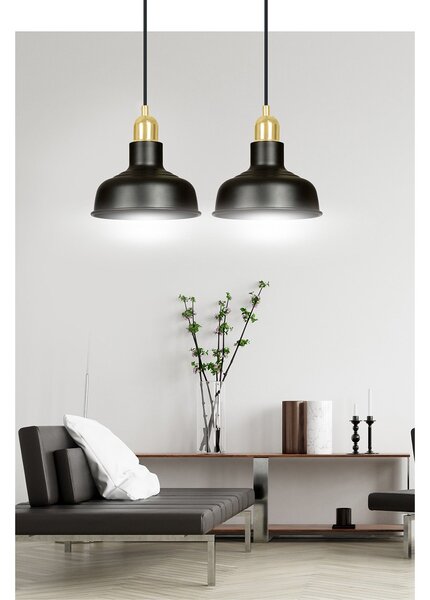 Lampadario Industrial 2 Luci Dhanapati Acciaio Nero Con Elementi In Oro
