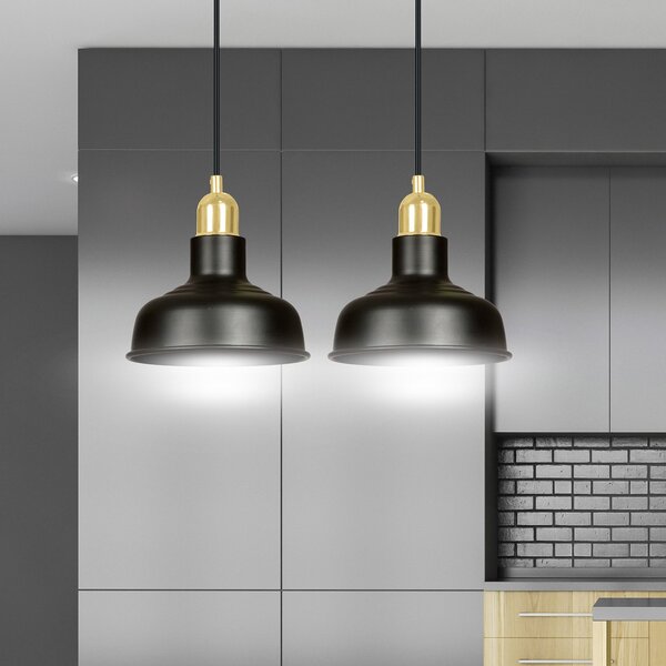 Lampadario Industrial 2 Luci Dhanapati Acciaio Nero Con Elementi In Oro