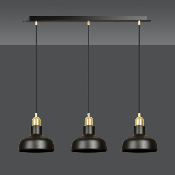 Lampadario Industrial 3 Luci Dhanapati Acciaio Nero Con Elementi In Oro
