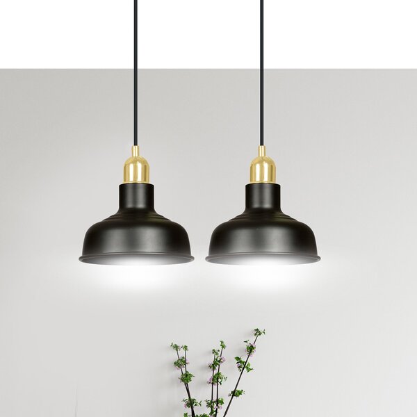 Lampadario Industrial 2 Luci Dhanapati Acciaio Nero Con Elementi In Oro