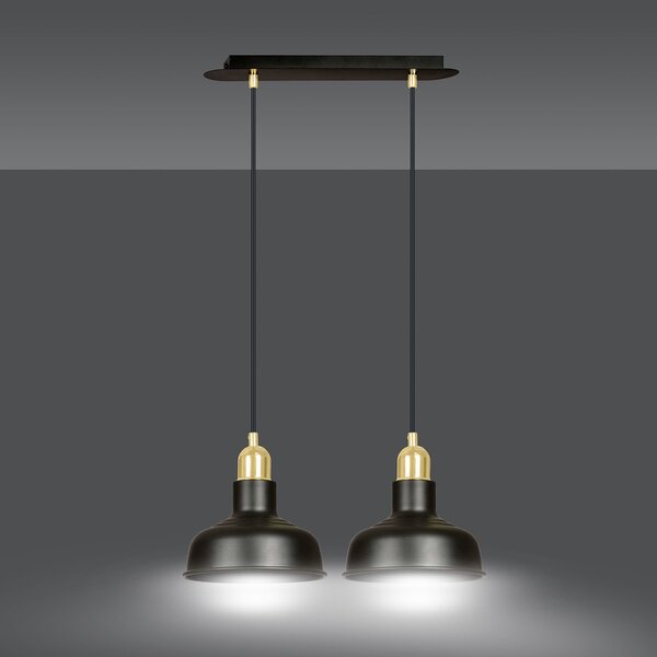 Lampadario Industrial 2 Luci Dhanapati Acciaio Nero Con Elementi In Oro