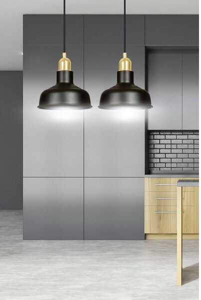 Lampadario Industrial 2 Luci Dhanapati Acciaio Nero Con Elementi In Oro