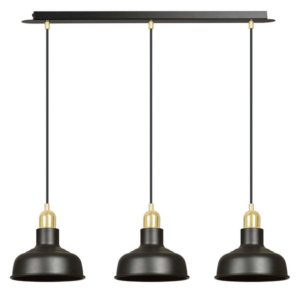 Lampadario Industrial 3 Luci Dhanapati Acciaio Nero Con Elementi In Oro