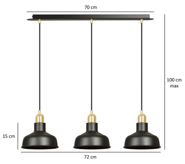 Lampadario Industrial 3 Luci Dhanapati Acciaio Nero Con Elementi In Oro