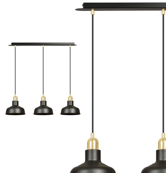 Lampadario Industrial 3 Luci Dhanapati Acciaio Nero Con Elementi In Oro