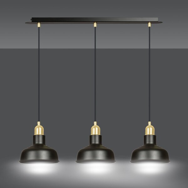 Lampadario Industrial 3 Luci Dhanapati Acciaio Nero Con Elementi In Oro