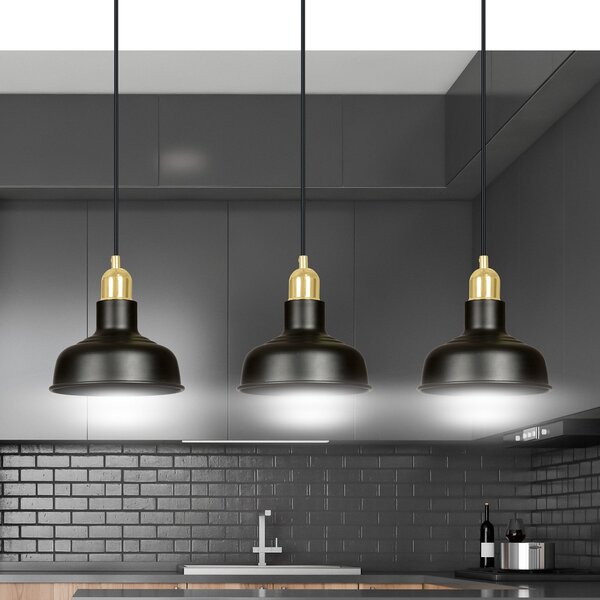 Lampadario Industrial 3 Luci Dhanapati Acciaio Nero Con Elementi In Oro