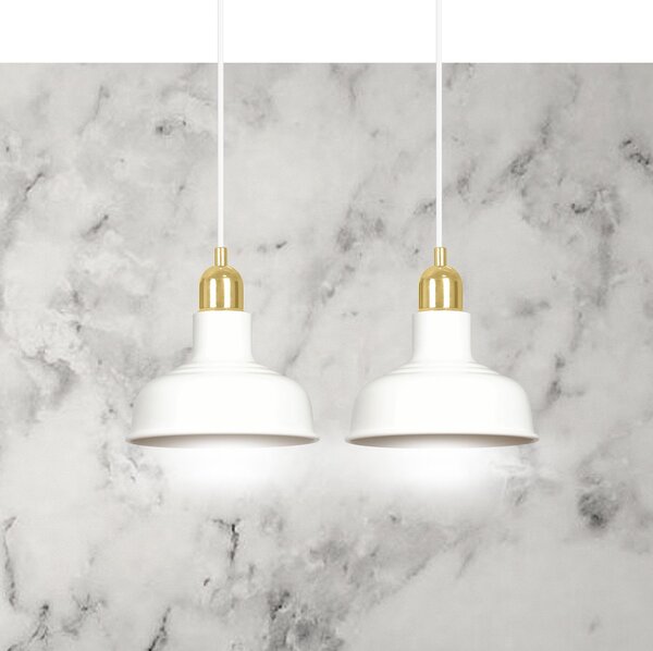 Lampadario Industrial 2 Luci Dhanapati Acciaio Bianco Con Elementi In Oro