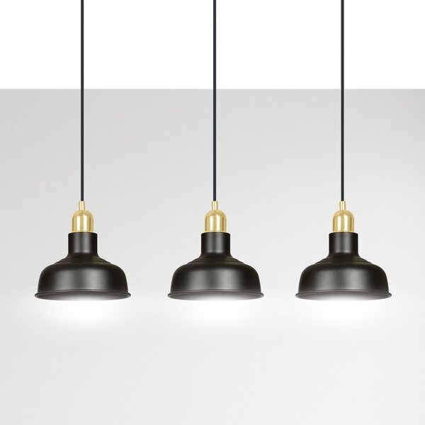 Lampadario Industrial 3 Luci Dhanapati Acciaio Nero Con Elementi In Oro