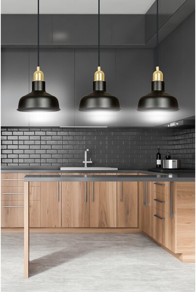 Lampadario Industrial 3 Luci Dhanapati Acciaio Nero Con Elementi In Oro
