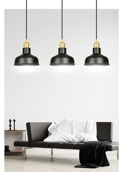 Lampadario Industrial 3 Luci Dhanapati Acciaio Nero Con Elementi In Oro