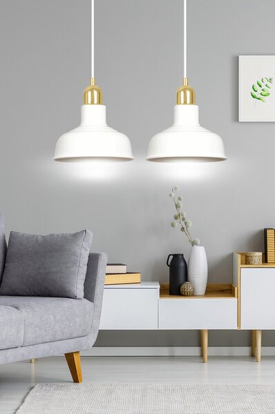 Lampadario Industrial 2 Luci Dhanapati Acciaio Bianco Con Elementi In Oro