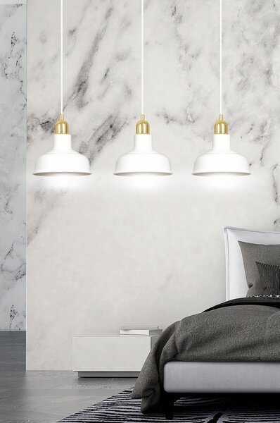 Lampadario Industrial 3 Luci Dhanapati Acciaio Bianco Con Elementi In Oro