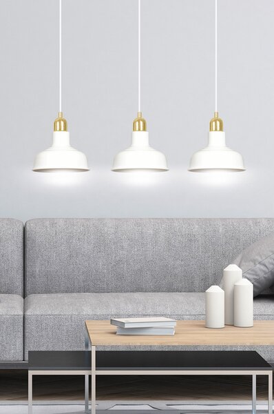 Lampadario Industrial 3 Luci Dhanapati Acciaio Bianco Con Elementi In Oro