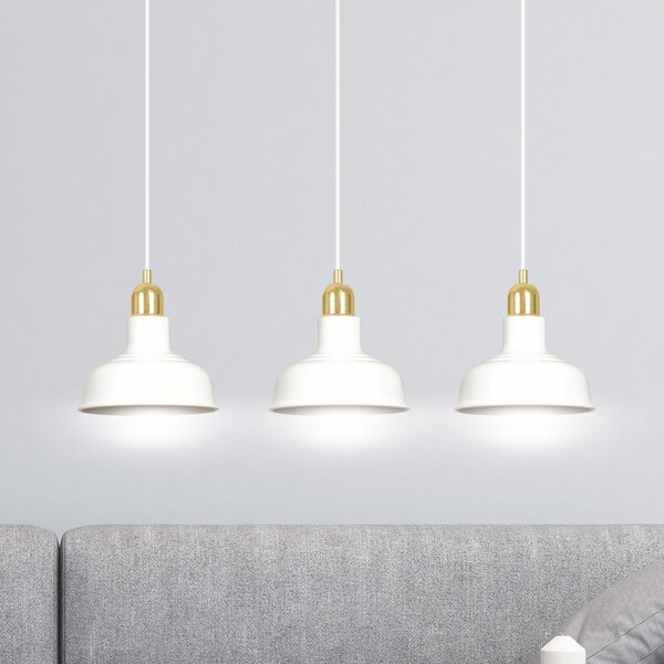 Lampadario Industrial 3 Luci Dhanapati Acciaio Bianco Con Elementi In Oro