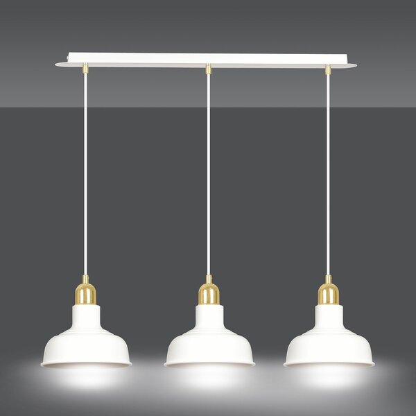 Lampadario Industrial 3 Luci Dhanapati Acciaio Bianco Con Elementi In Oro