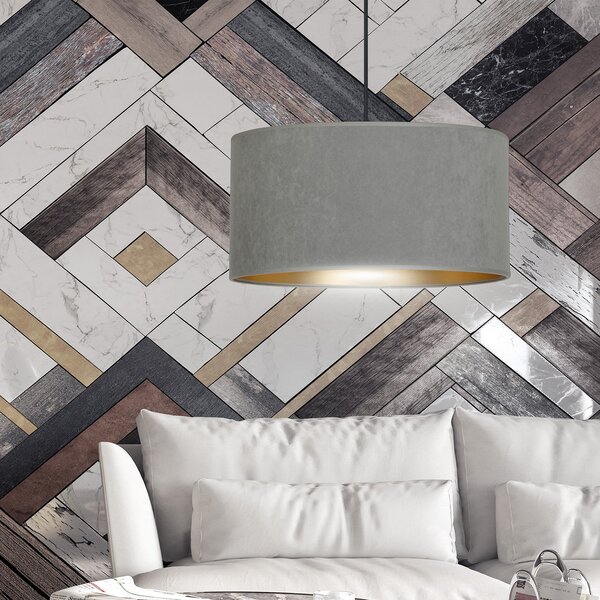 Sospensione 1 Luce Vinayaka Acciaio Nero E Paralume In Tessuto Grigio
