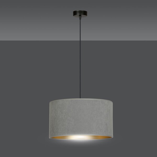 Sospensione 1 Luce Vinayaka Acciaio Nero E Paralume In Tessuto Grigio