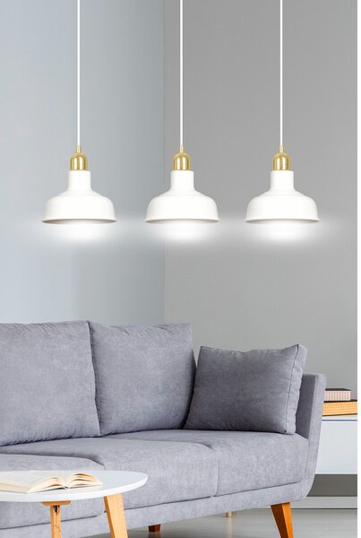 Lampadario Industrial 3 Luci Dhanapati Acciaio Bianco Con Elementi In Oro