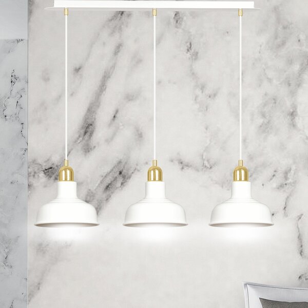Lampadario Industrial 3 Luci Dhanapati Acciaio Bianco Con Elementi In Oro