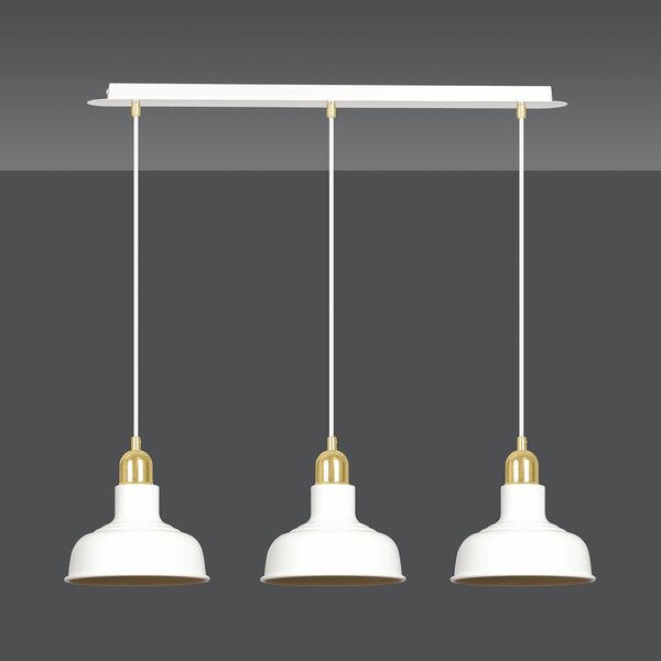 Lampadario Industrial 3 Luci Dhanapati Acciaio Bianco Con Elementi In Oro