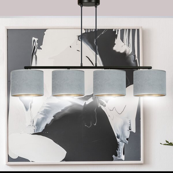 Lampadario 4 Luci Vinayaka In Acciaio Nero E Paralumi In Tessuto Grigio